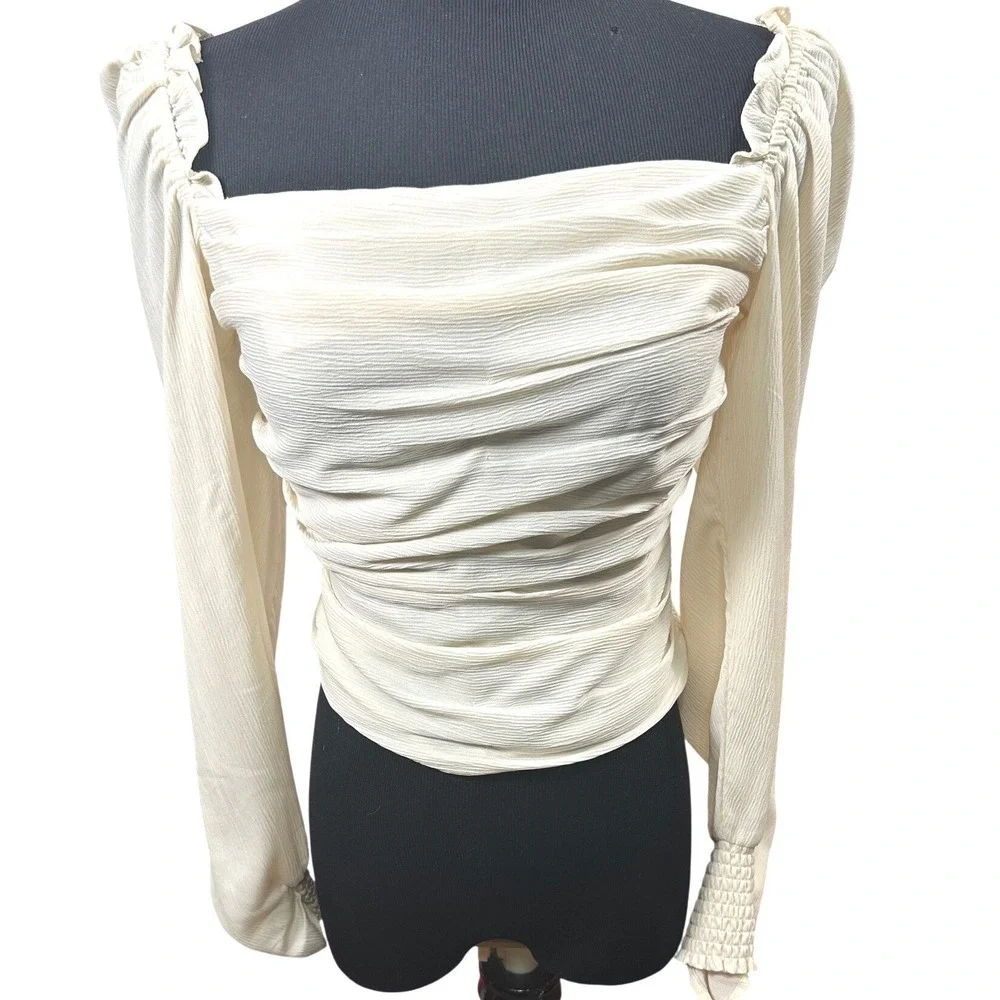 ASTR Cream Ruched Top Womens S Milkmaid Blouse Puff Sleeve‎ Cottagecore Coquette